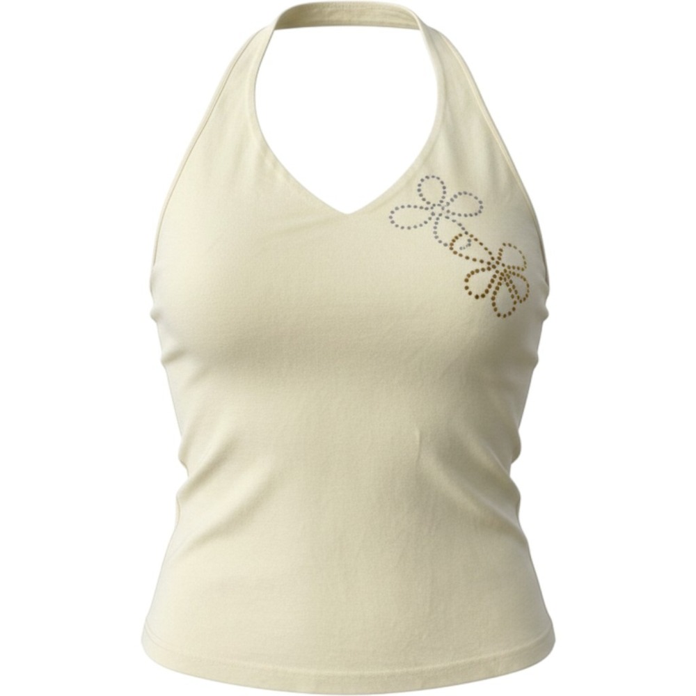 Vintage Y2K Gap Halter Top Womens L Yellow Rhinestone Flower Stretch Tank